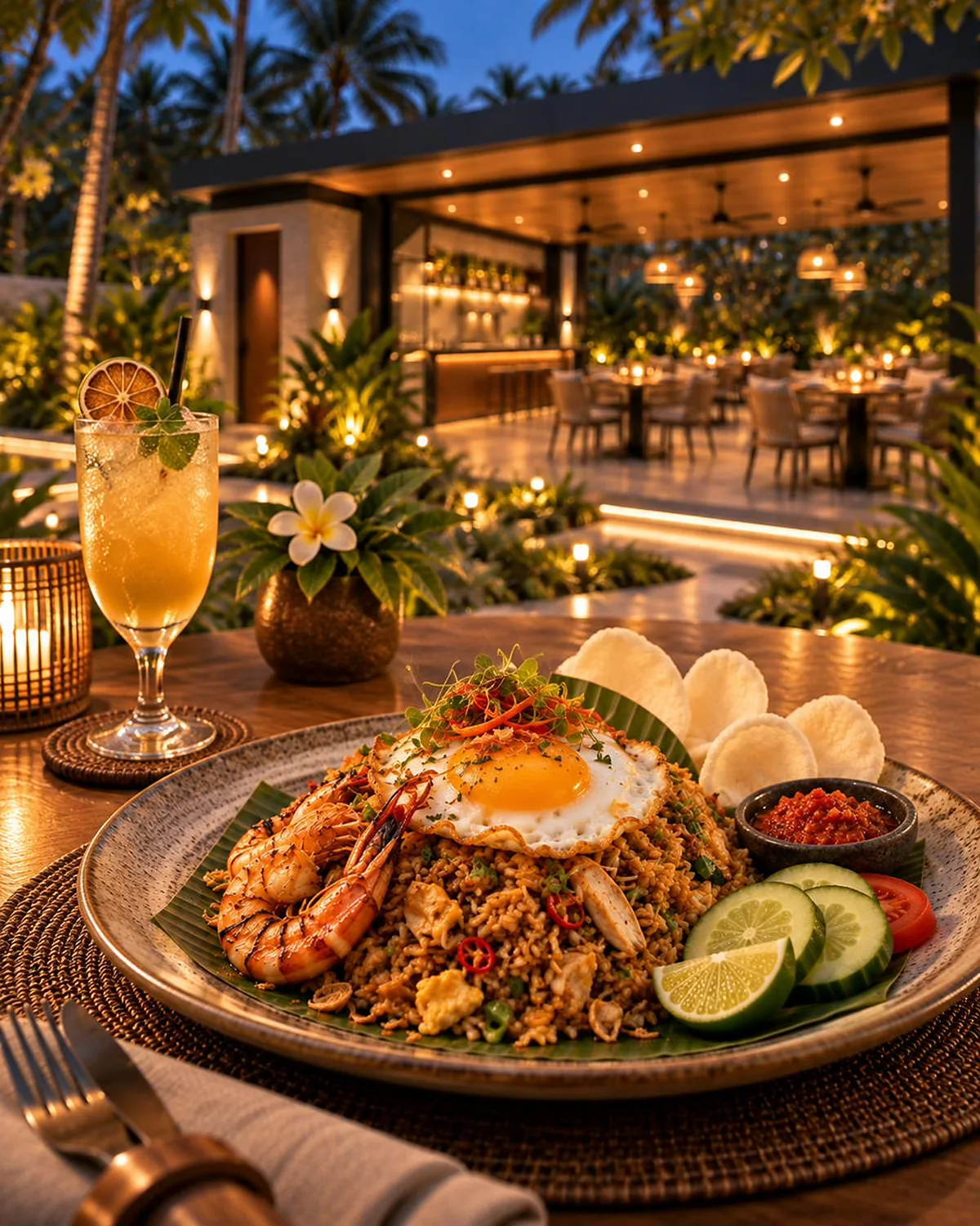 Nasi goreng s krevetami servírované v restauraci